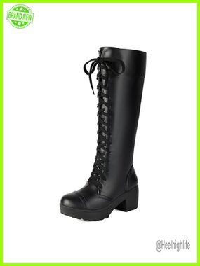 Women's Knee High Combat Boots Platform Lace Up Block Heel Goth Style